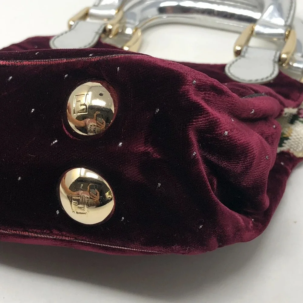 Fendi Velvet Handbag Small Burgundy‎ Red Needlepoint Chunky Handle Whimsigoth
